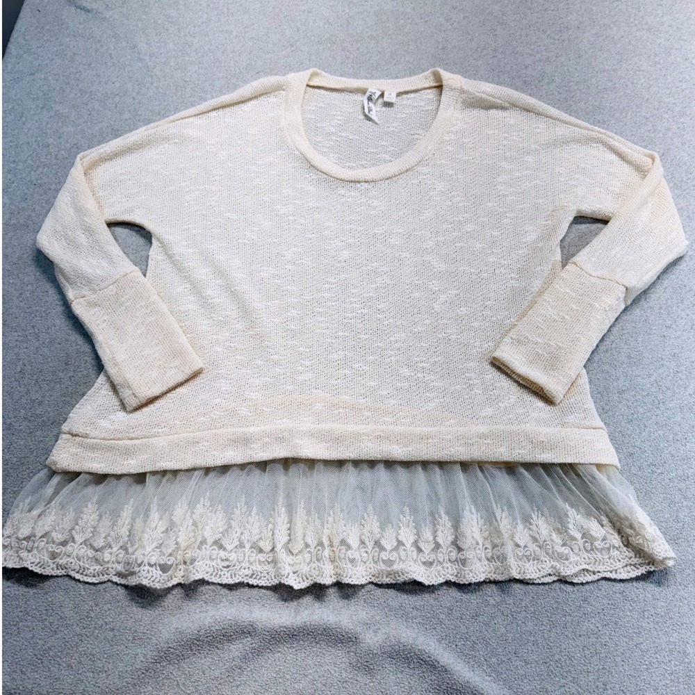 Others Follow Women's S Cream Lace Hem Long Sleeve Boho Cottagecore Pullover Top